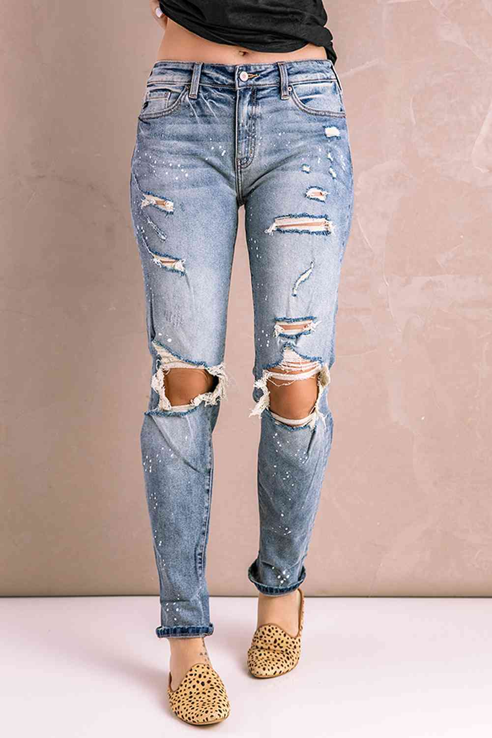 Baeful Splatter Distressed Acid Wash Jeans with Pockets