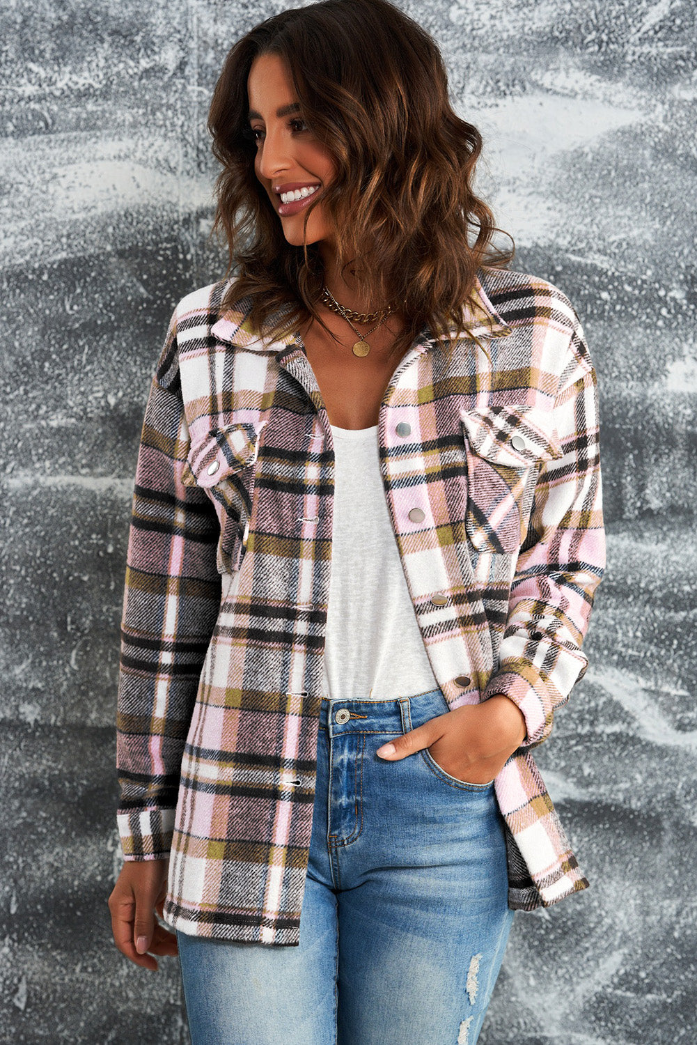 Flannel Plaid Button Front Shirt Jacket with Breast Pockets