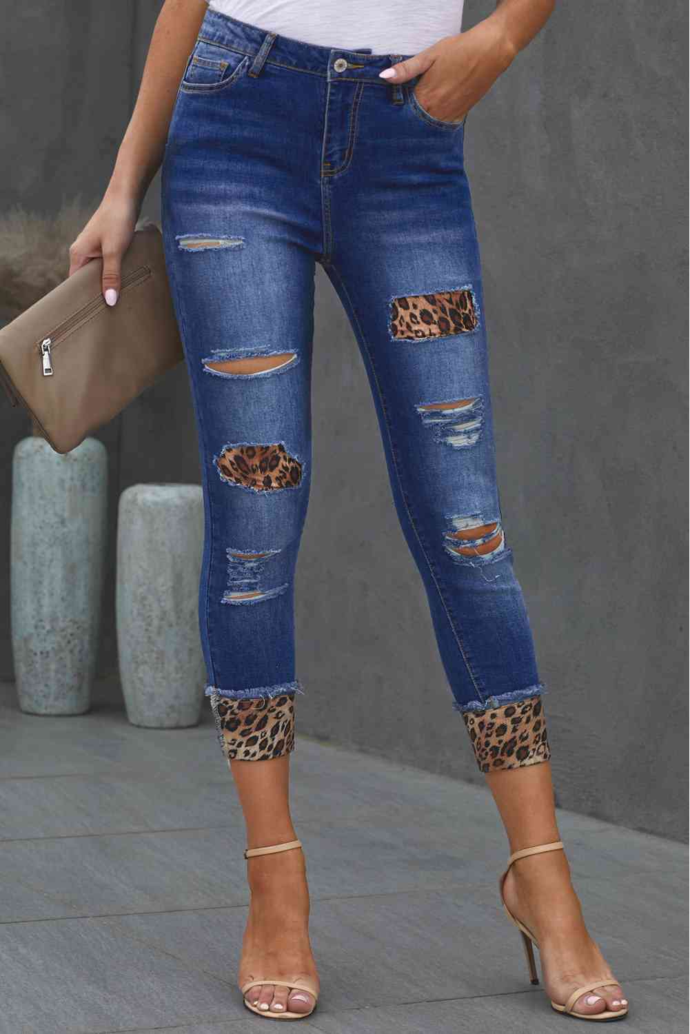 Baeful Leopard Patch Distressed Cropped Jeans