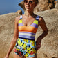 Mixed Print Thick Strap Scoop Neck One-Piece Swimsuit