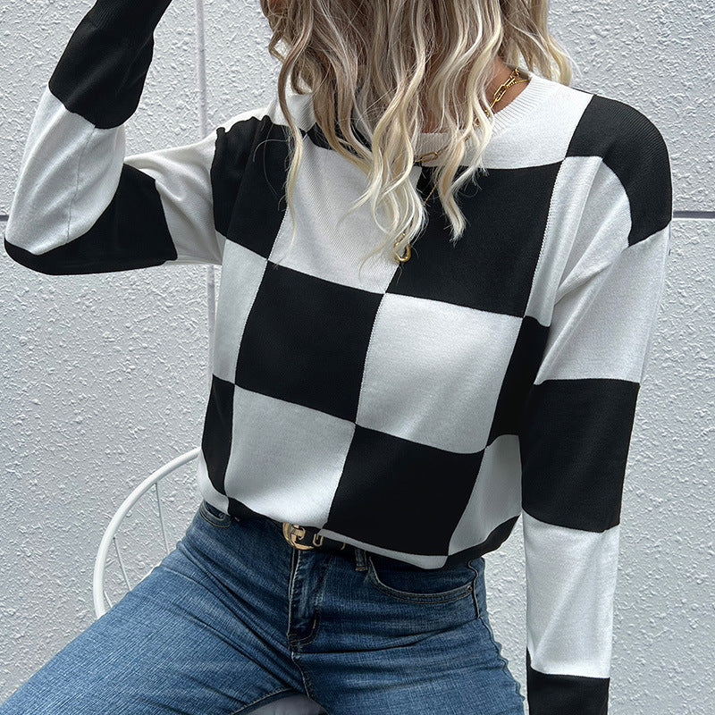 Checkered Dropped Shoulder Knit Pullover