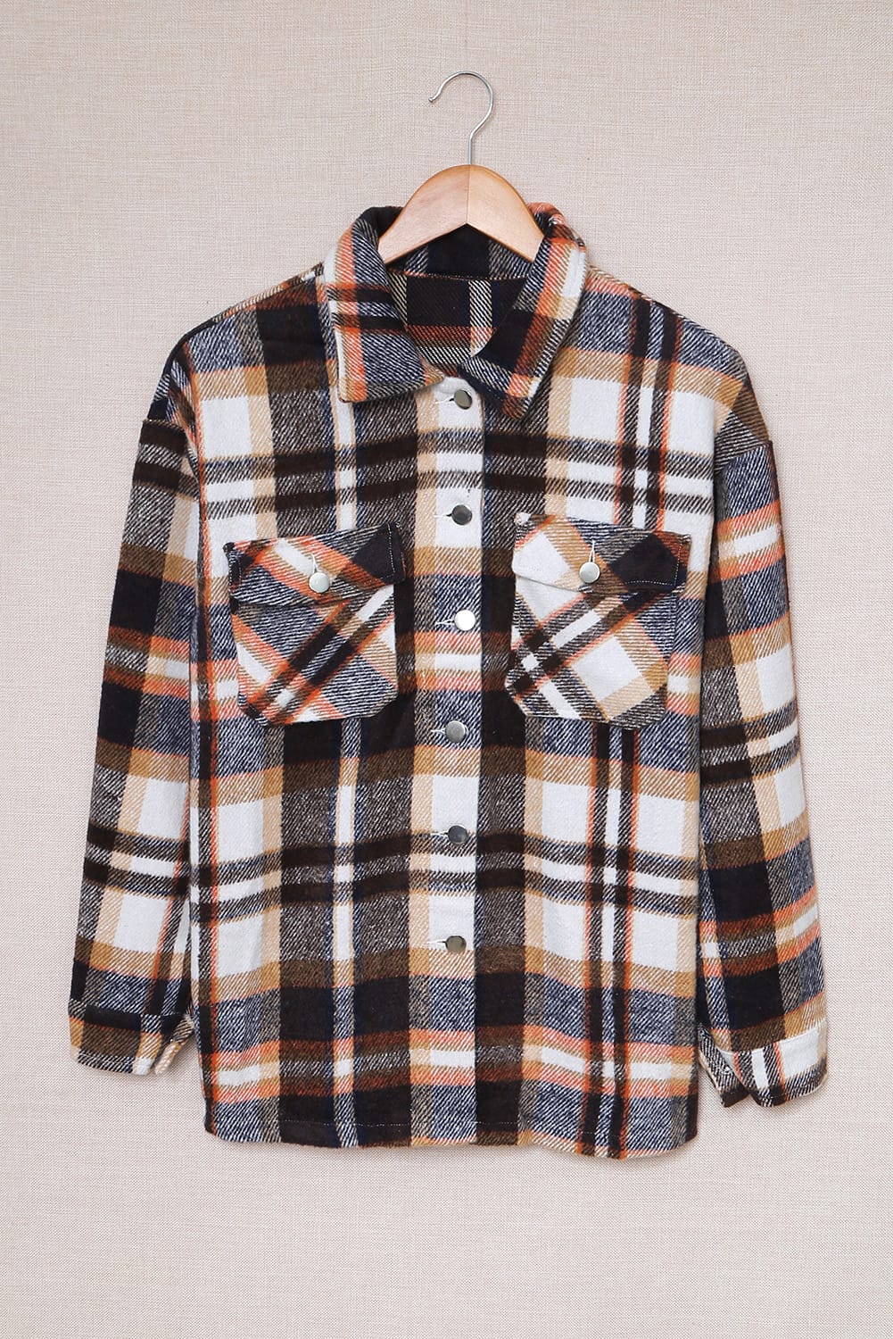 Flannel Plaid Button Front Shirt Jacket with Breast Pockets