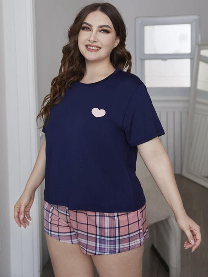 Plus Size Heart Graphic Top and Plaid Shorts Loungewear Set