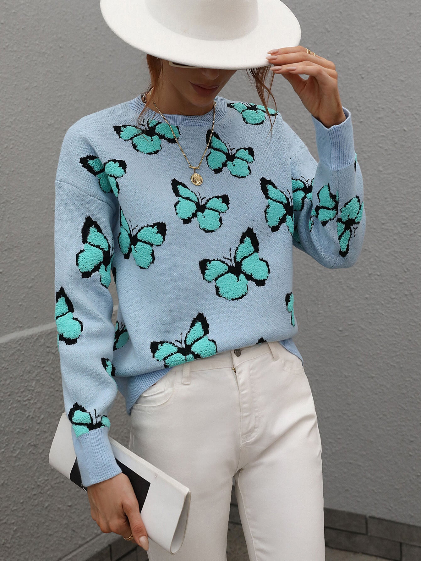 Butterfly Dropped Shoulder Crewneck Sweater